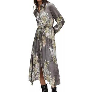 ALLSAINTS Skye Venetia Drawstring Gray Floral Midi Shirt Dress Size 38 US 6